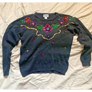 Vintage Exclusive Imports Black Sequin Beaded Sweater SZ L Grandma Ugly Floral